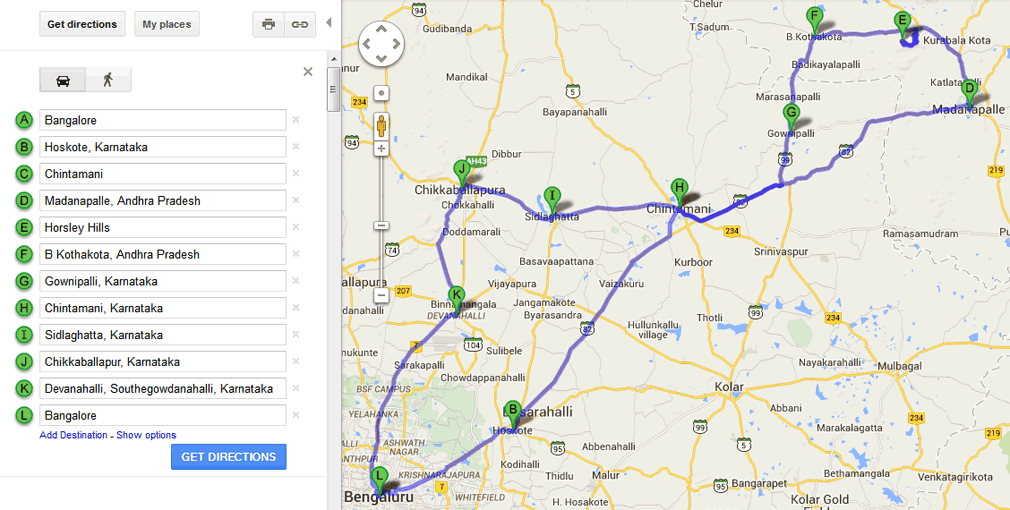 Bangalore to Horsley Hills Route Map